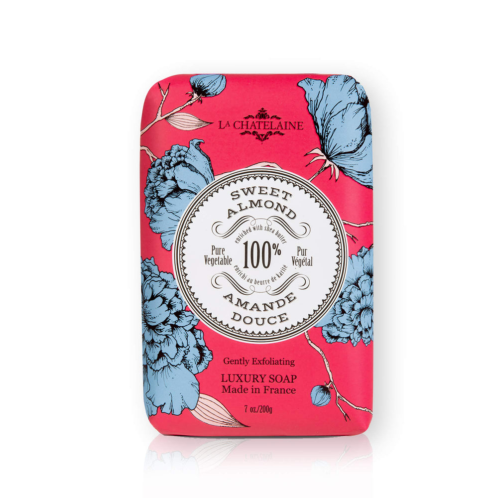 La Chatelaine front packaging showing sweet almond 7 oz bar and elegant wrap