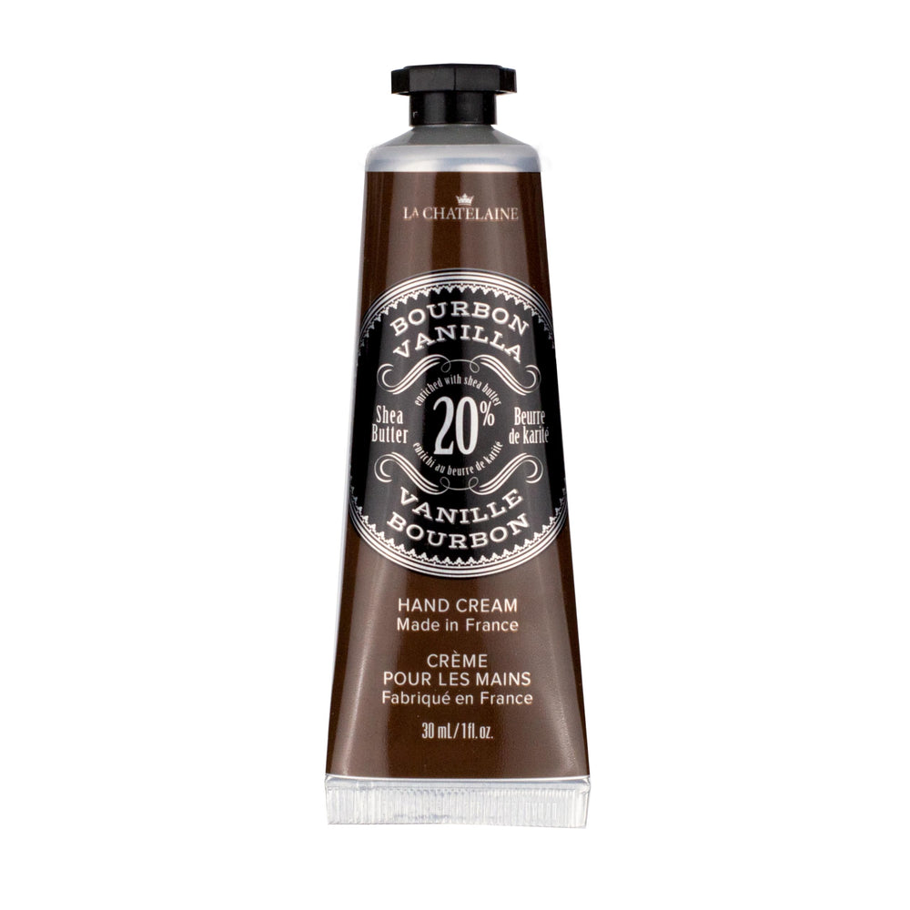 La Chatelaine tube front showing bourbon vanilla label and compact size benefit