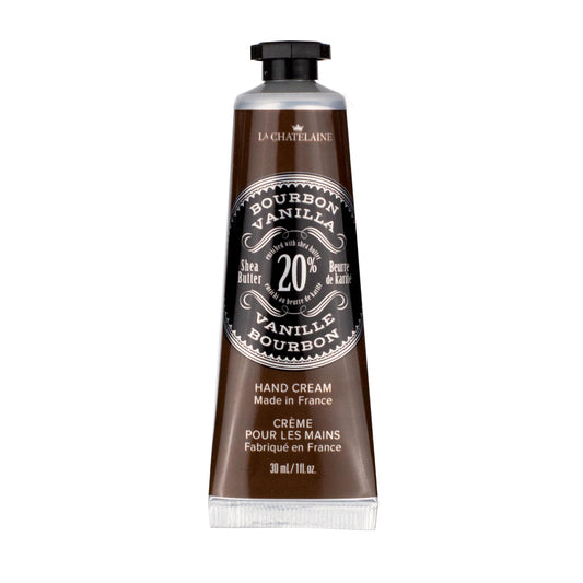 La Chatelaine tube front showing bourbon vanilla label and compact size benefit