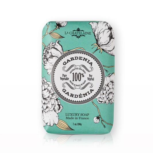 La Chatelaine Gardenia front-wrapped bar showing label and elegant packaging for gifting