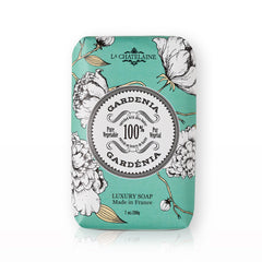 La Chatelaine Gardenia front-wrapped bar showing label and elegant packaging for gifting
