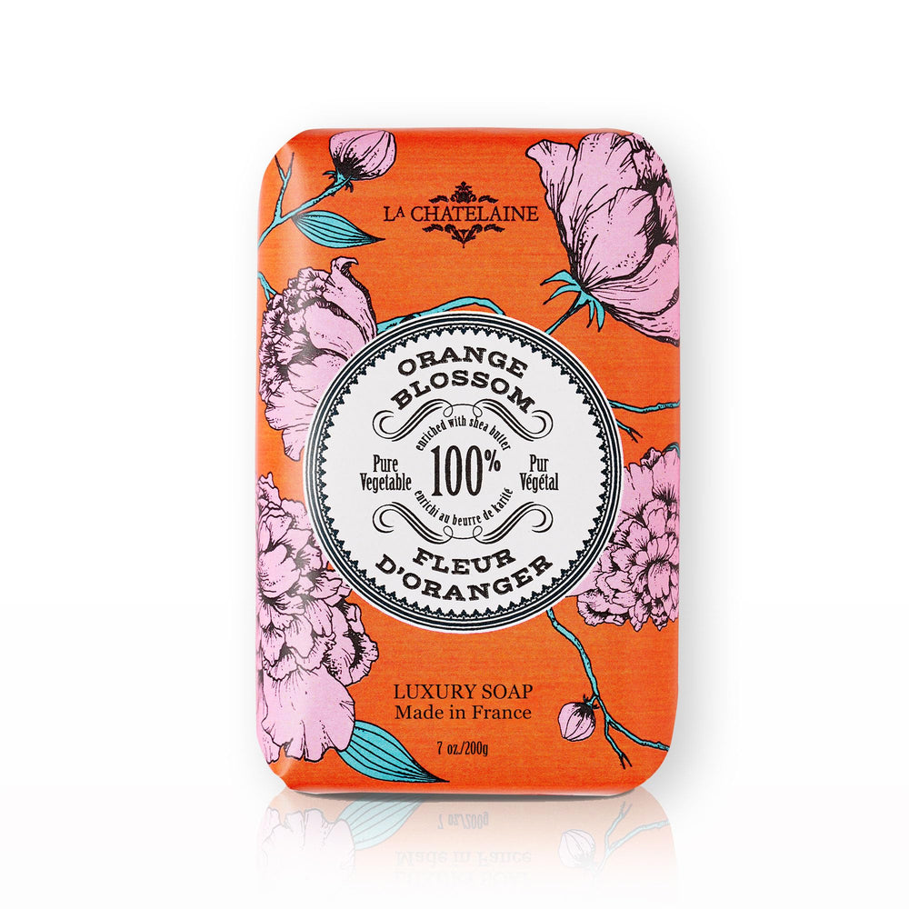 La Chatelaine bar soap front packaging shows Orange Blossom 7 oz and handmade appeal