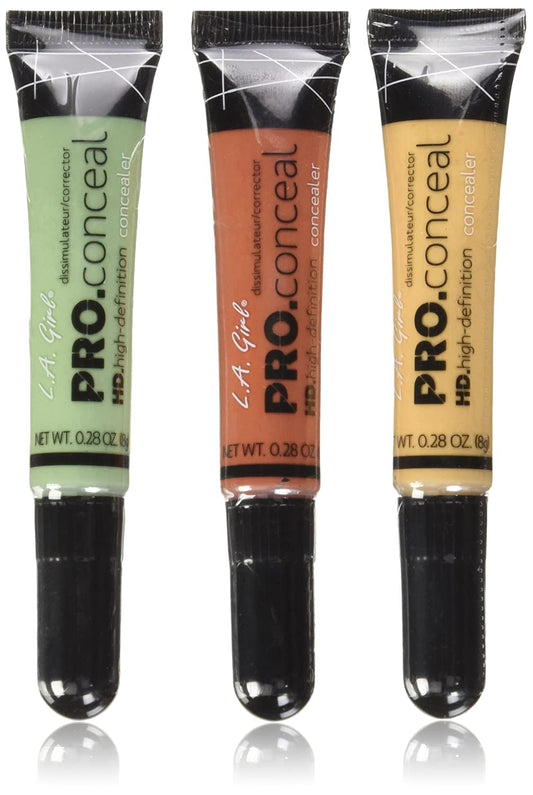 L.A. Girl front packaging shows the three color correctors and clarifies kit benefits