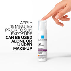 La Roche-Posay bottle on bathroom shelf with skincare for everyday use benefit