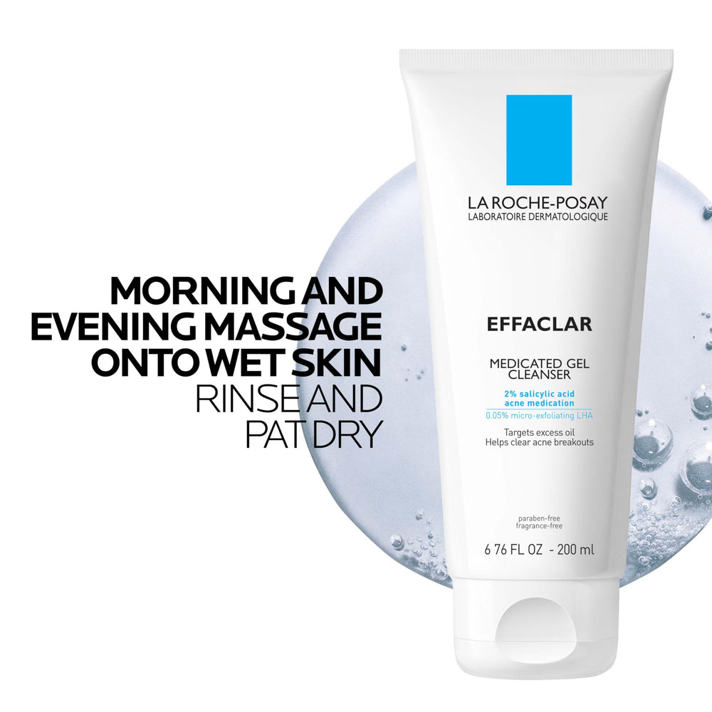 La Roche-Posay application on wet face illustrating gentle massage and cleansing