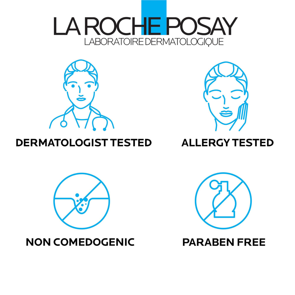 La Roche-Posay bottle next to skincare items in a bathroom routine setup