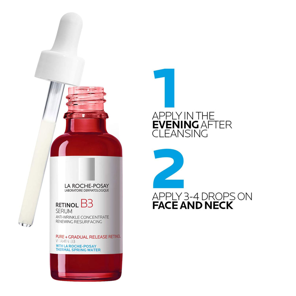 Product label close-up listing niacinamide and retinol, emphasizes gentle, tested formula