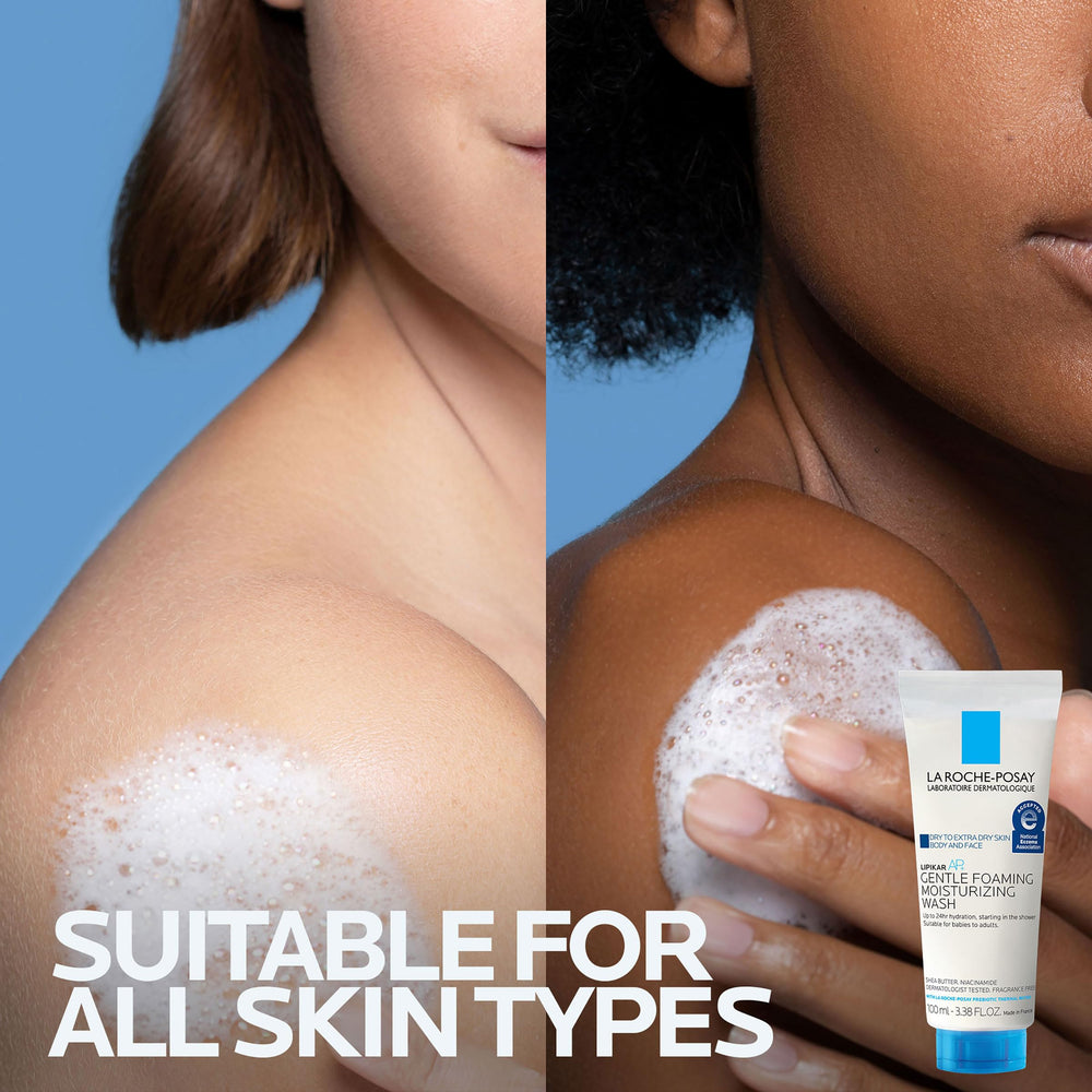 La Roche-Posay bottle next to common items showing size and travel-friendly benefit
