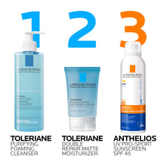 La Roche-Posay spray applied to face area for comfortable sport-safe protection