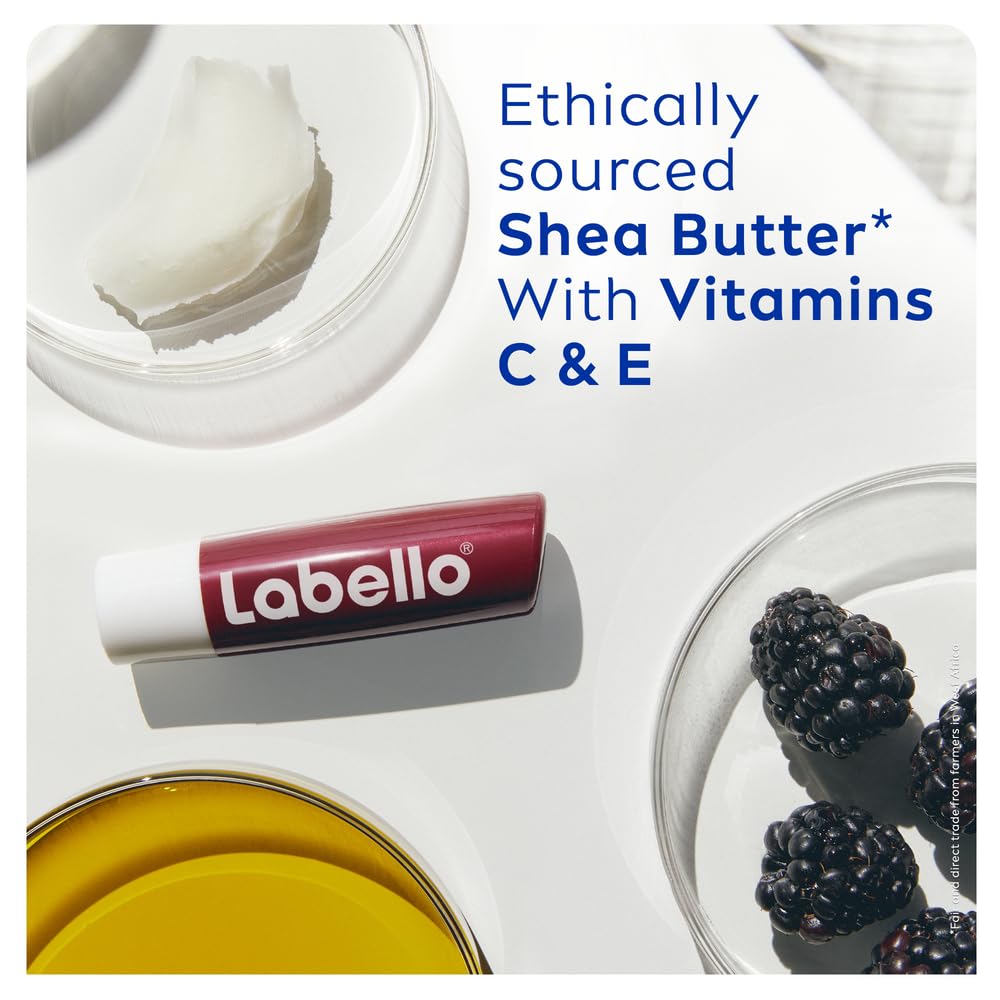 Labello BlackBerry Shine beside a coin for 4.8 g size comparison, ideal for pockets and bags
