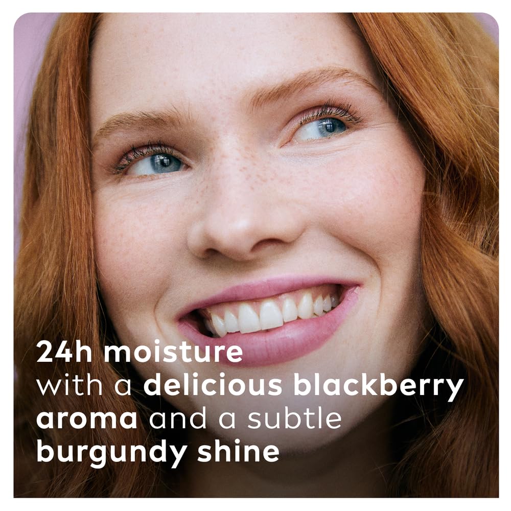Labello BlackBerry Shine twist-up stick detail demonstrating smooth, mess-free application benefit