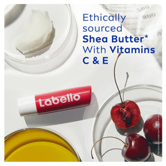Labello cherry on lips lifestyle image showing natural tinted shine benefit