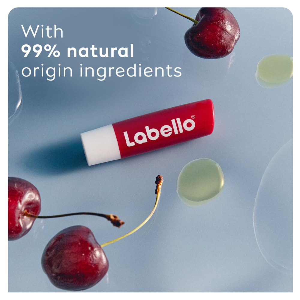 Labello cherry texture closeup highlighting smooth moisturizing benefit
