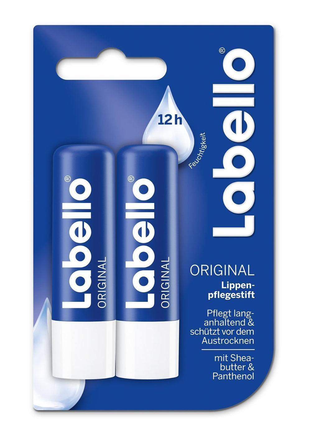 Labello Classic Care front packaging showing twin sticks and easy-carry benefit