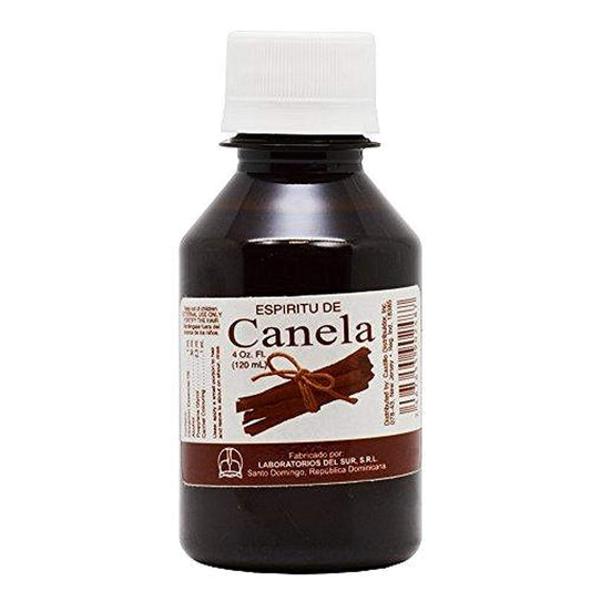 Laboratorios Del Sur front bottle label showing cinnamon essence, clear product benefit aroma