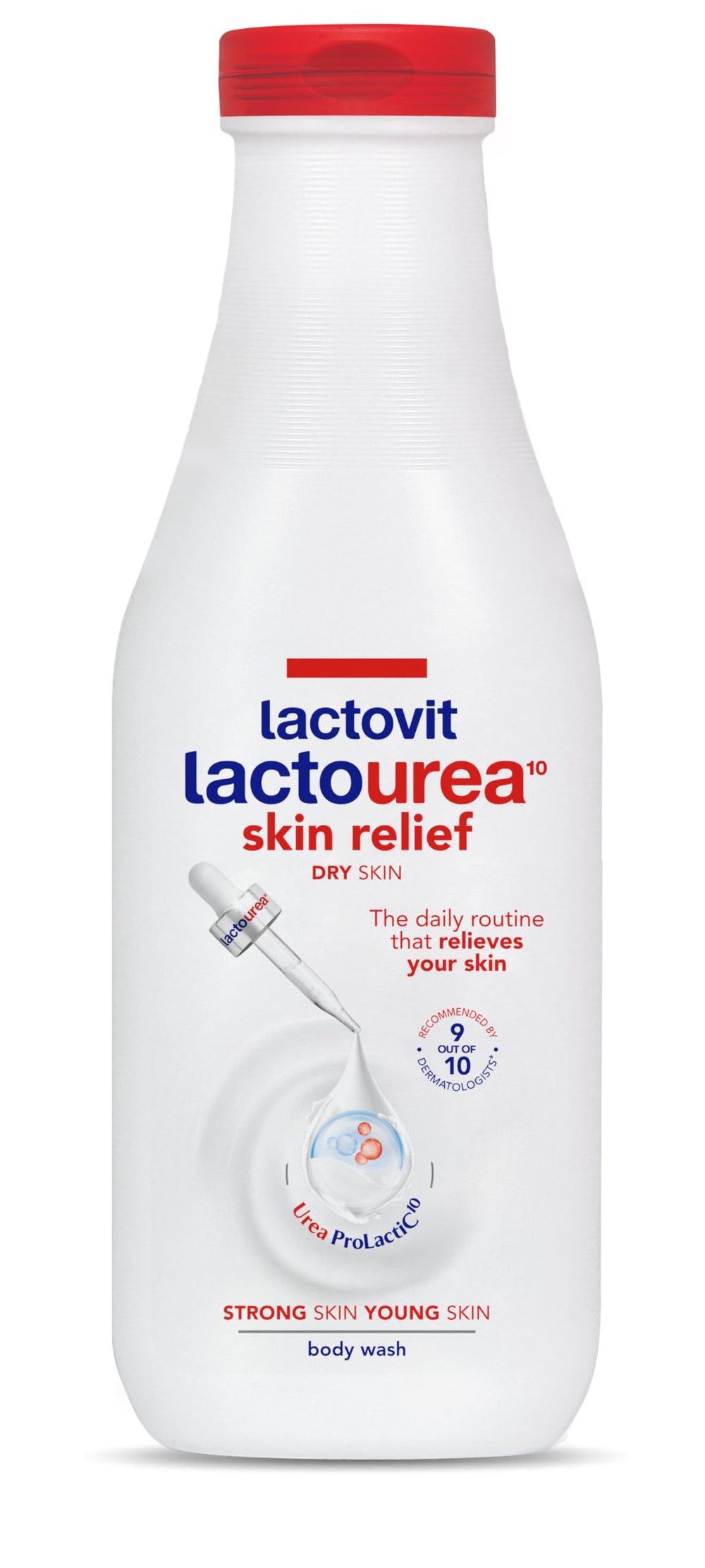 Lactovit front packaging showing 600 ml bottle and clear branding, hydrates dry skin