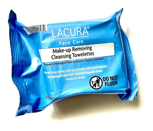 Lacura pack front view showing resealable pouch and 25-count convenience