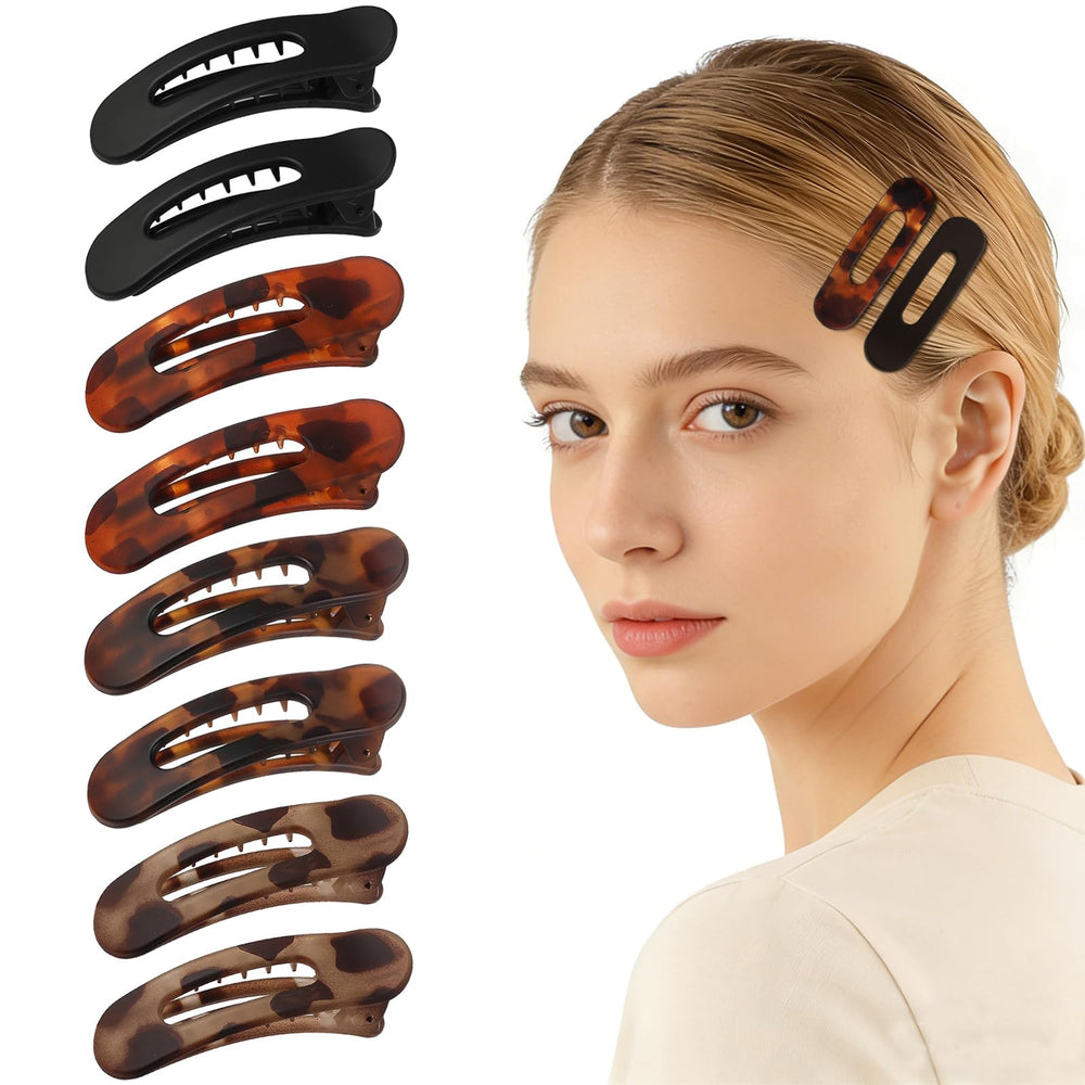 Lahnie front view of 8-pack flat clips showing color variety and matte finish for reliable styling