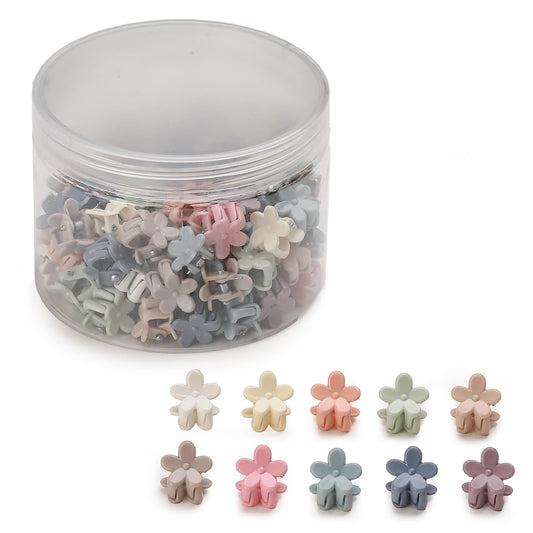 Lahnie front packaging of 100 mini flower hair clips showing colorful variety and quantity