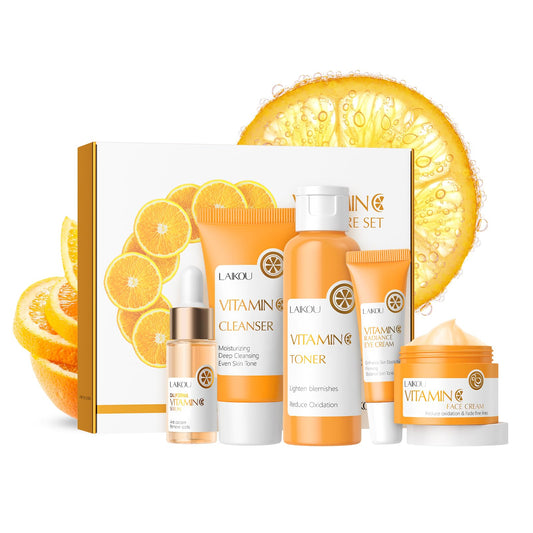 LAIKOU front packaging of five-piece vitamin C skincare kit showing complete routine benefits
