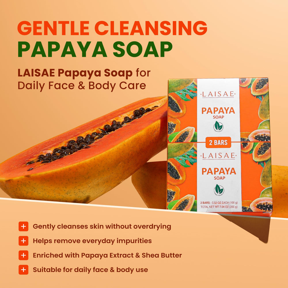LAISAE two bars of papaya soap side-by-side showing quantity and vegan claim