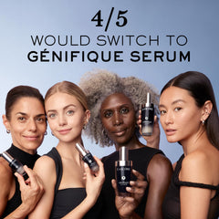 Lancôme Génifique serum in hand showing 1.69 fl oz scale and travel-friendly benefit