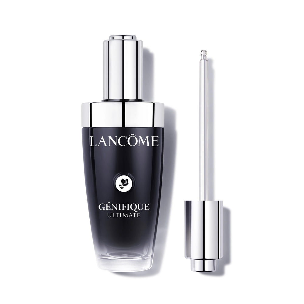 Lancôme bottle front view showing elegant refillable design and benefits