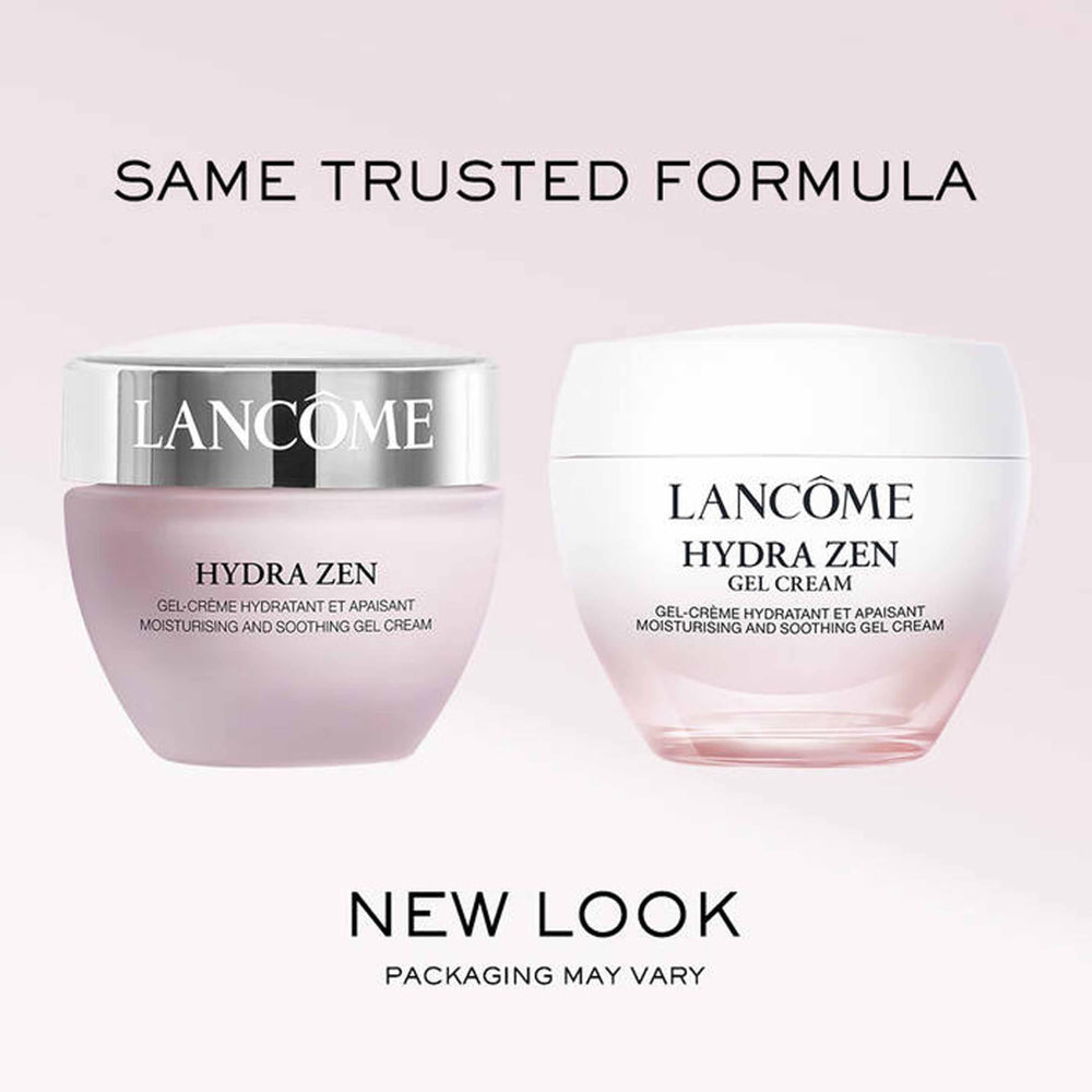 Lancôme Hydra Zen with hyaluronic acid graphic, emphasizing hydrating ingredient benefits
