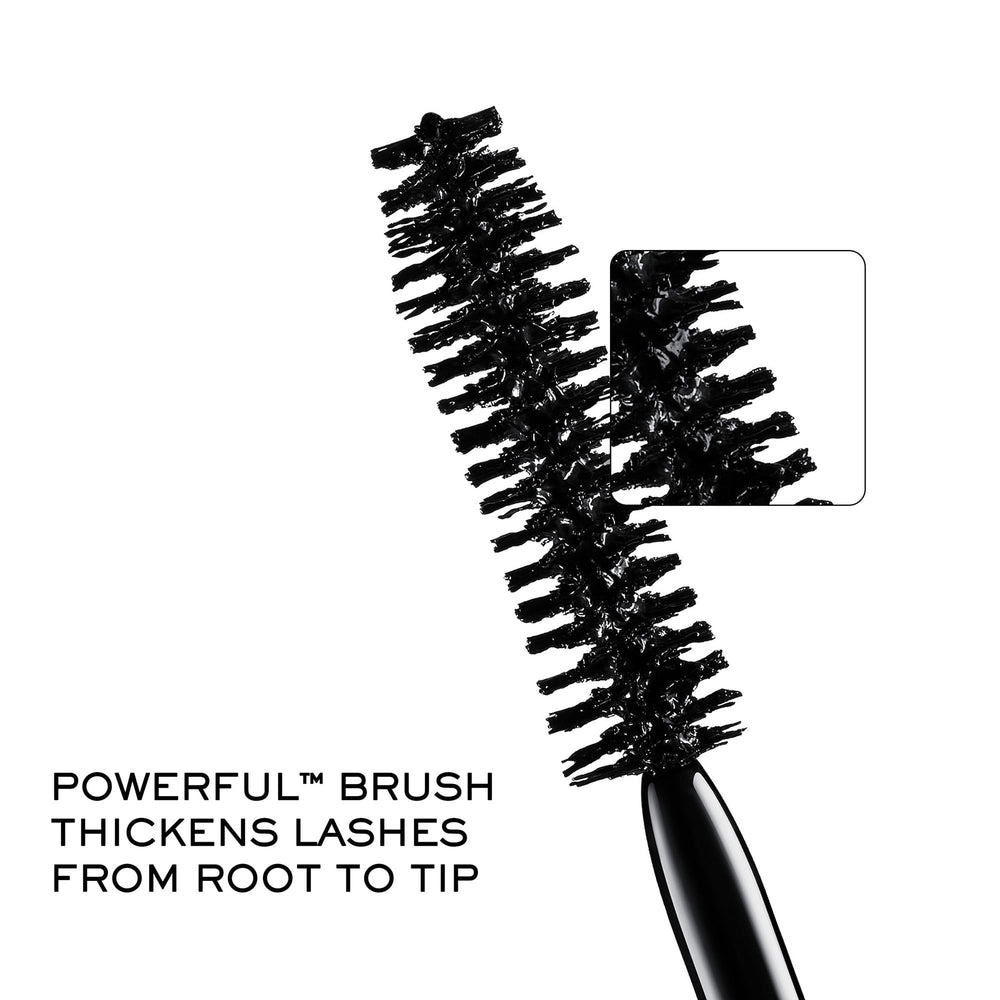 Lancôme mascara swatch texture on white card, demonstrates creamy, non-clumping finish