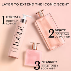 Lancôme Idôle Body Up paired with Idôle perfume showing layering for longer-lasting scent