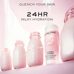 Lancôme bottle next to everyday items for size comparison and travel-friendly benefit