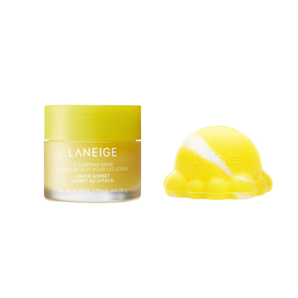 LANEIGE jar front showing Lemon Sorbet scent and travel-friendly design benefits