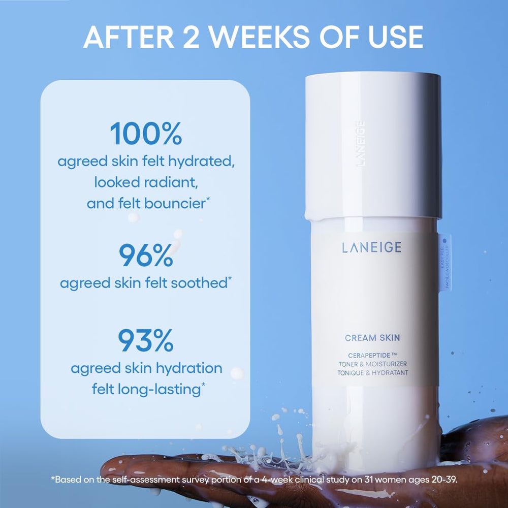 LANEIGE label detail showing ceramide and peptide callouts for barrier support benefit