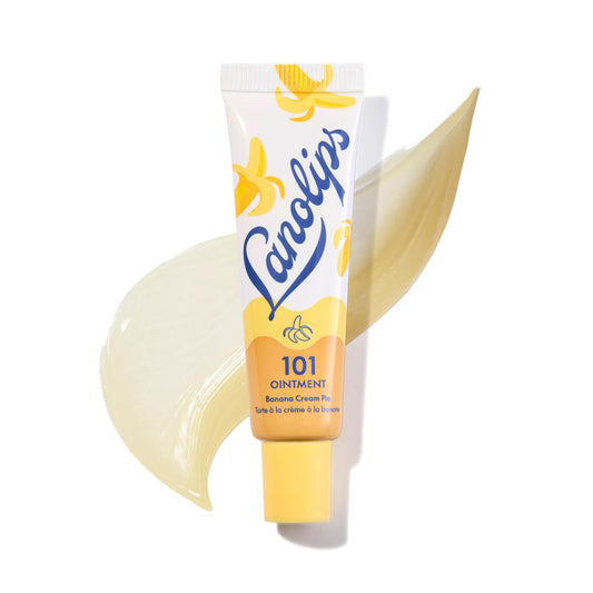 Lanolips tin front view showing Banana Cream Pie flavor and compact design benefit