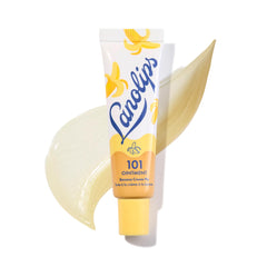 Lanolips tin front view showing Banana Cream Pie flavor and compact design benefit