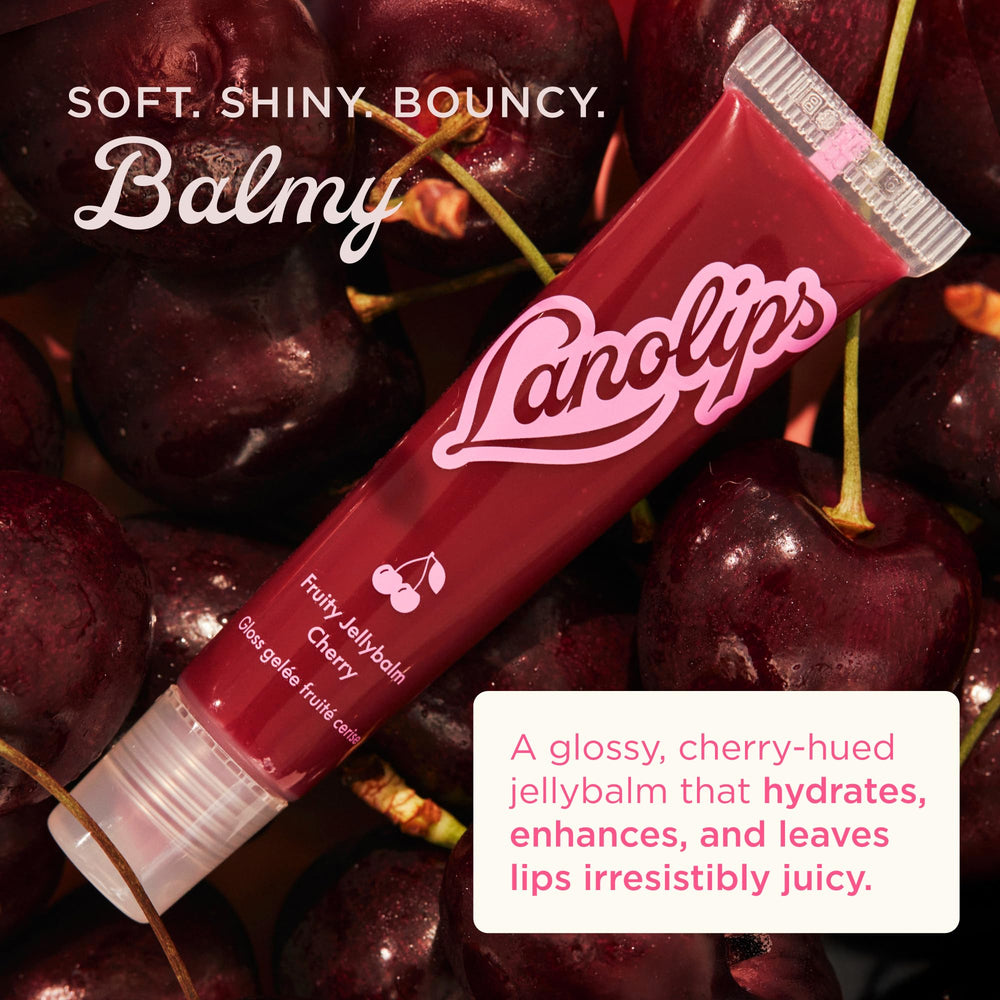 Lanolips cherry open texture close-up showing glossy jelly finish and hydration