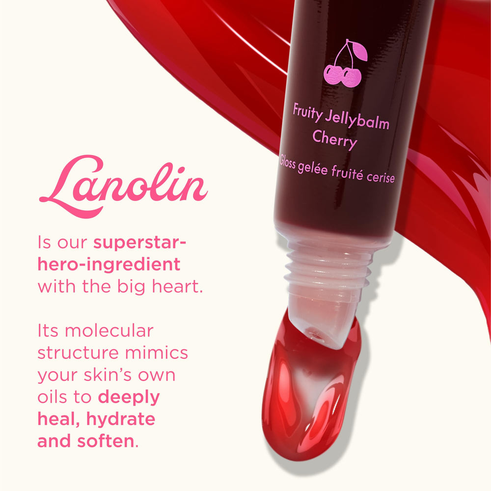 Lanolips cherry side label close-up showing ingredients and clean formulation benefit