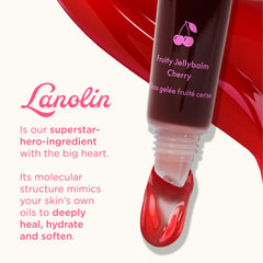 Lanolips cherry side label close-up showing ingredients and clean formulation benefit