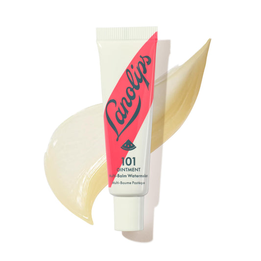 Lanolips front packaging watermelon flavor showing compact tube and labeling, travel-friendly benefit