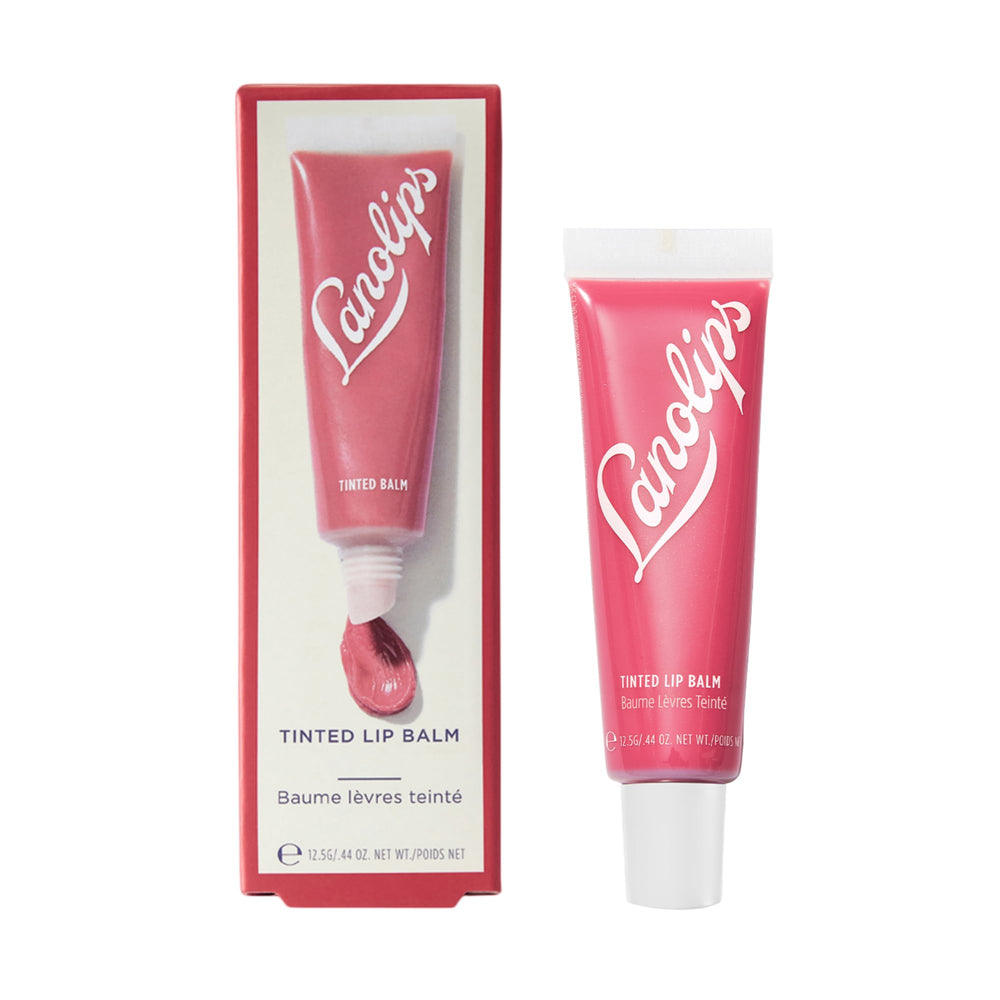 Lanolips front packaging showing Rhubarb tinted balm and benefits