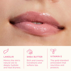 Creamy swatch of Lanolips rose tint showing texture and glossy hydration on skin