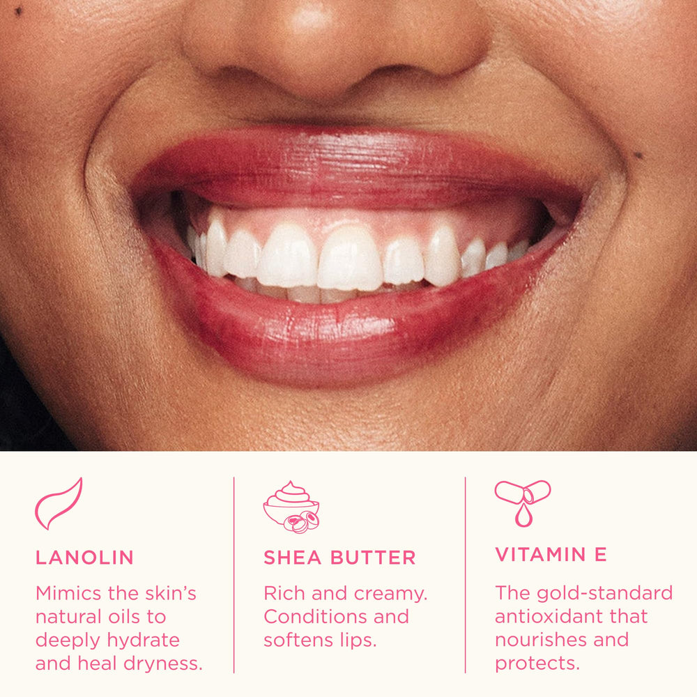 Lanolips spice swiped on lips closeup showing sheer warm tint and shine