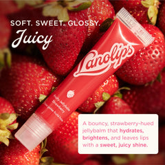 Lanolips strawberry open twist cap with balm visible, easy application benefit