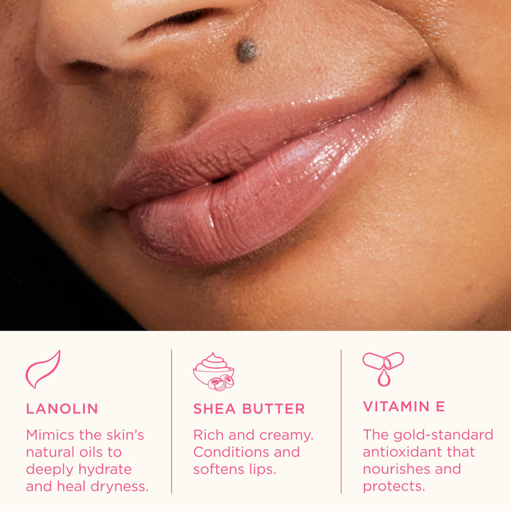 Lanolips swatches on skin displaying sheer nude tint and buildable color benefit