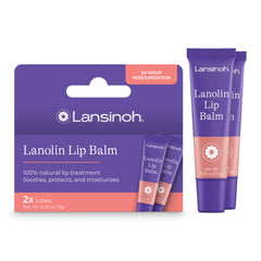 Lansinoh front packaging showing two lip balm tubes and benefits