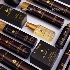L’ANZA label and ingredients close-up highlighting keratin and antioxidants