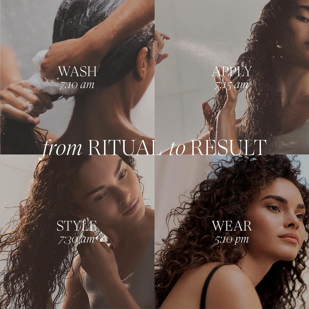 Close-up droplets of L’ANZA on hair, highlights quick absorption and shine
