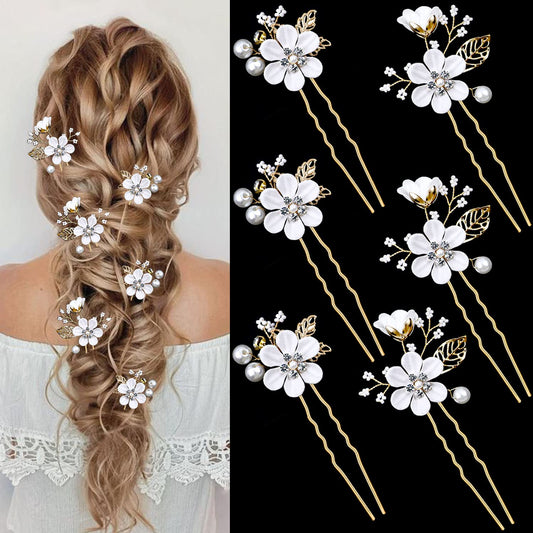 LAPOHI front view of six hair pins showing gold finish and white flowers for elegant styling