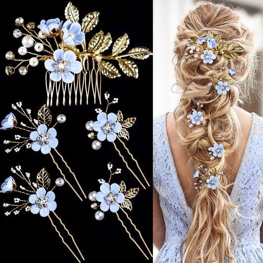 LAPOHI front view of five-piece bridal hair pin set, elegant accessory