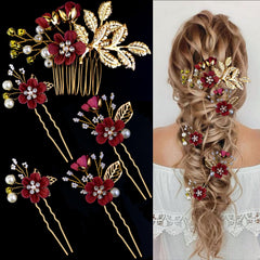 LAPOHI front view of five-piece gold and burgundy hair set, elegant presentation